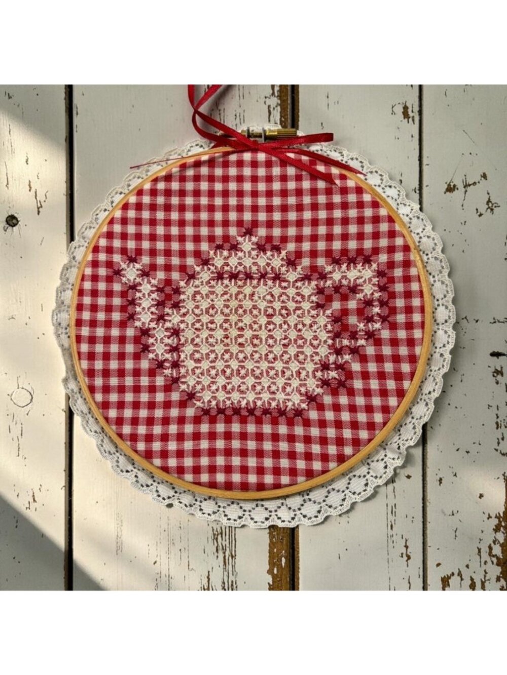 Vintage Hand Stitched Embroidery Hoop Crossstitch Art Red white Teapot Country